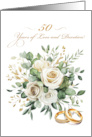 50th Wedding Anniversary Elegant Ivory Floral and Gold Rings card