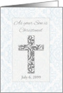 Son Christening Blessings Custom Date with Cross Blue Lace Pattern card