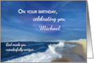 Personalize Name Birthday Waves on Ocean Blue Sky card