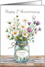 Daughter and Son in Law 1st Anniversary Wildflowers in Mason Jar card