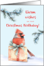  Christmas Birthday Cardinal with Gift in Watercolor Snow. card