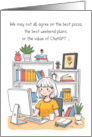 Funny Office Birthday Card with AI Humor and Cartoon Woman at Desk card