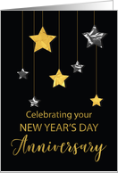 Anniversary on New Years Day Star Shine Gold and Silver Stars on Blac card