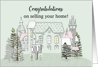 Congratulations on Selling Home Line Drawing with Evergreen Trees Sold card