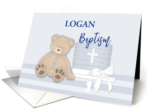 Custom Name, Logan, Blue Baptism Cake Teddy Bear card (1594700)