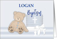 Custom Name, Logan, Blue Baptism Cake Teddy Bear card