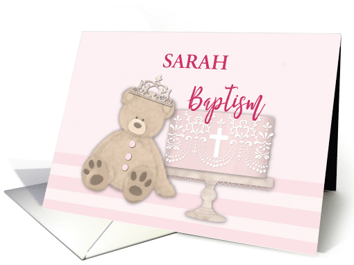 Custom Name Pink Baptism Cake Teddy Bear and Tiara card (1594736)