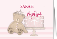 Custom Name Pink Baptism Cake Teddy Bear and Tiara card