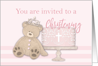 Baby Girl Pink Baptism Invitation Cake Teddy Bear and Tiara card
