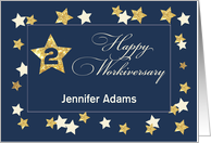 Custom Name Second 2 Employee Workiversary Navy Gold Effect Stars card