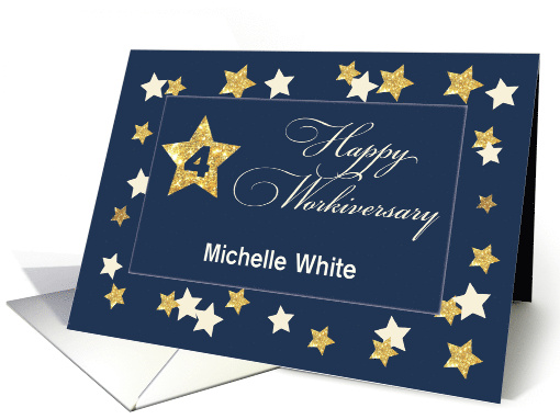 Custom Name Fourth 4 Employee Workiversary Navy Gold Effect Stars card