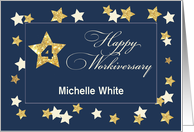 Custom Name Fourth 4 Employee Workiversary Navy Gold Effect Stars card