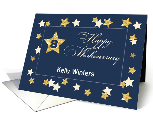 Custom Name Eighth 8 Employee Workiversary Navy Gold Effect Stars card