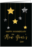 Anniversary on New Years Day Gold and Silver Looking Stars on Black card