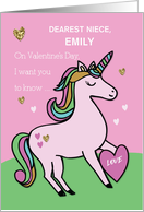 Custom Name and Relation Emily, Niece, Magical Unicorn Valentine’s Day card