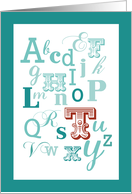 Letter T Initial Name Alphabet Birthday Teal and Red card