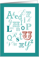 Letter U Initial Name Alphabet Birthday Teal and Red card