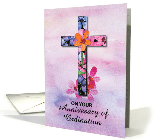 Priest Ordination Anniversary Cross Watercolor Flowers card (1597920)
