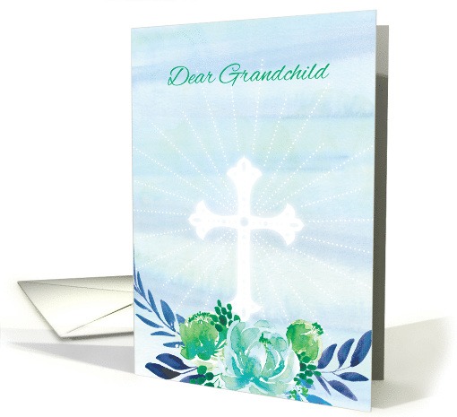 Grandchild Teal Blue Flowers with Cross Easter card (1599226)