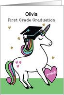 Custom Name First Grade Graduation Congratulations Unicorn in Cap card