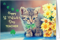 Custom Relation Teacher St. Patricks Day Kitten with Yellow Daisies card