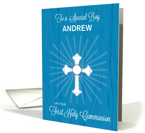 Boy Customizable Name First Communion Cross and Rays on Blue Wood card