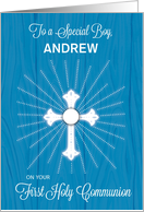 Boy Customizable Name First Communion Cross and Rays on Blue Wood card