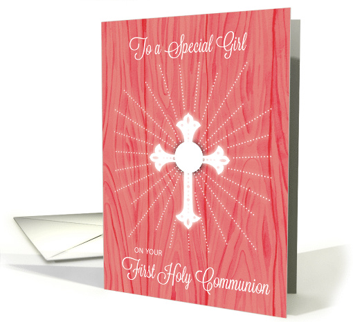 Girl First Communion Cross and Rays on Pink Wood card (1602388)