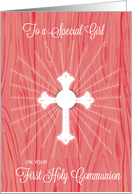 Girl First Communion Cross and Rays on Pink Wood card