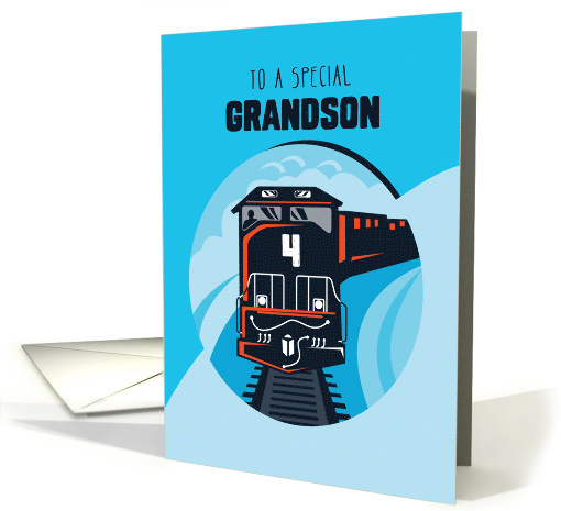 Grandson 4th Birthday Train Little Boy Blue card (1603384)