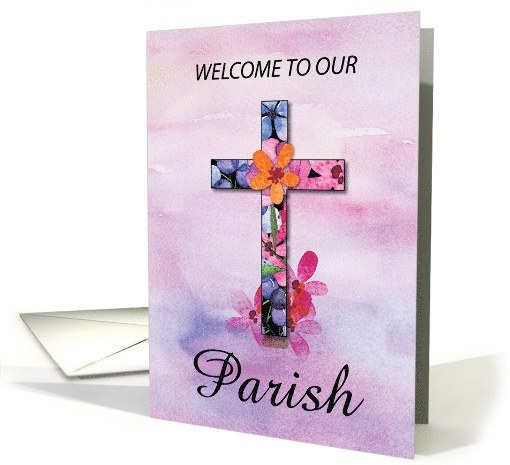 Welcome to Our Parish Cross Watercolor Flowers card (1606690)