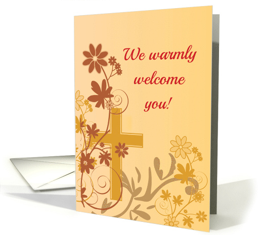 Warm Welcome to Parish with Cross Flower Swirls and Leaves card