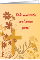 Warm Welcome to Parish with Cross Flower Swirls and Leaves card