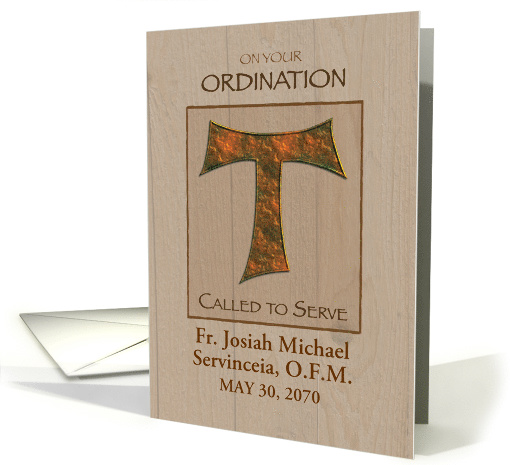 Priest Ordination Customizable Name Date Tau Cross on Wood card