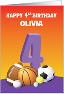 Custom Name Girl 4th Birthday Sports Balls card