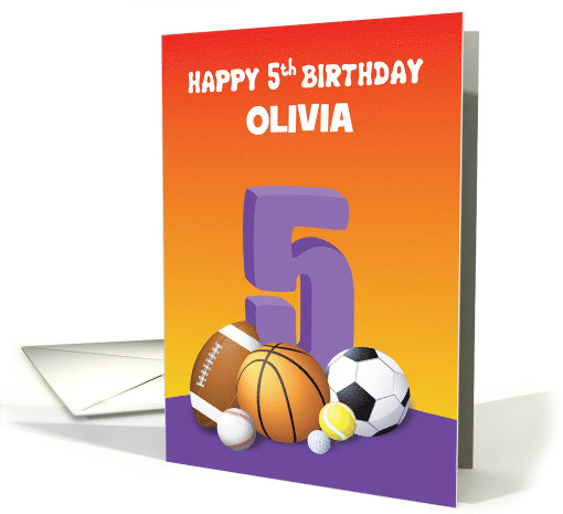 Custom Name Girl 5th Birthday Sports Balls card (1623460)