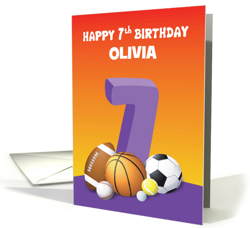 Custom Name Girl 7th Birthday Sports Balls card (1623464)