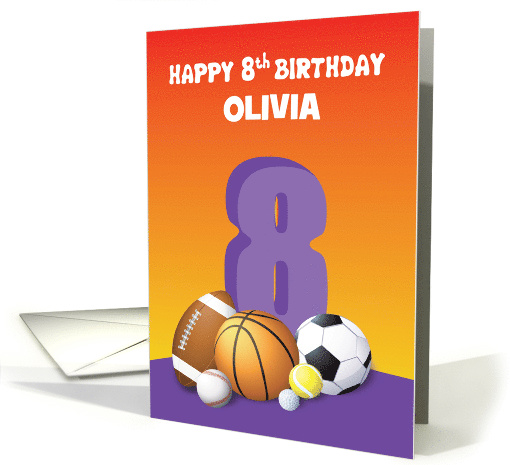 Custom Name Girl 8th Birthday Sports Balls card (1623466)