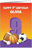 Custom Name Girl 9th Birthday Sports Balls card