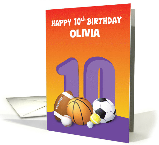 Custom Name Girl 10th Birthday Sports Balls card (1623470)