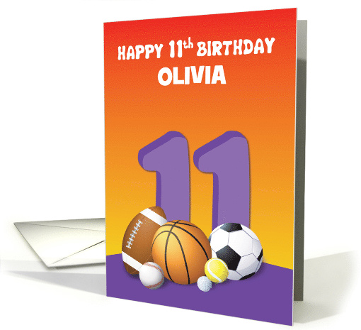 Custom Name Girl 11th Birthday Sports Balls card (1623472)