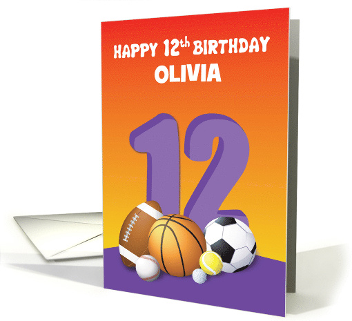 Custom Name Girl 12th Birthday Sports Balls card (1623474)