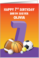 Custom Name and Relation Birth Sister Girl 7th Birthday Sports Balls card