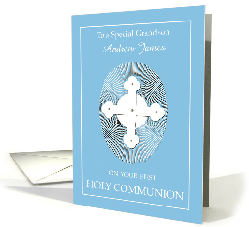 Grandson Custom Name Communion Blue with Cross card (1628480)