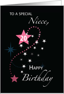 Niece 20th Birthday Star Inspirational Pink and Black card