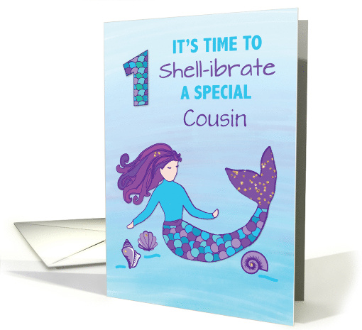 Custom Relation Cousin 1st Birthday Sparkly Look Mermaid card
