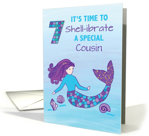 Custom Relation Cousin 7th Birthday Sparkly Look Mermaid card