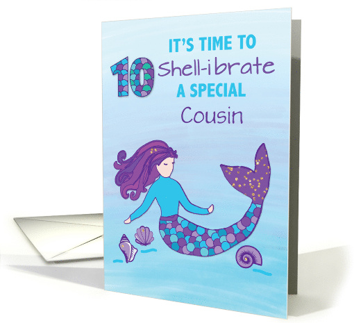 Custom Relation Cousin 10th Birthday Sparkly Look Mermaid card