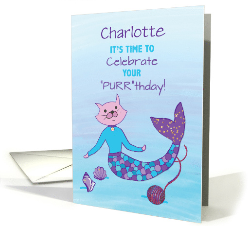Custom Name Charlotte Birthday Purrmaid with Sparkly Glitter Look card