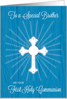 Brother First Communion Cross and Rays on Blue Wood card